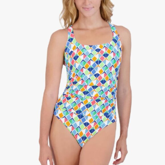 Nautica Geometric Print Cross Back Tummy Control One-Piece Swimsuit Lime Multi S - Picture 1 of 3
